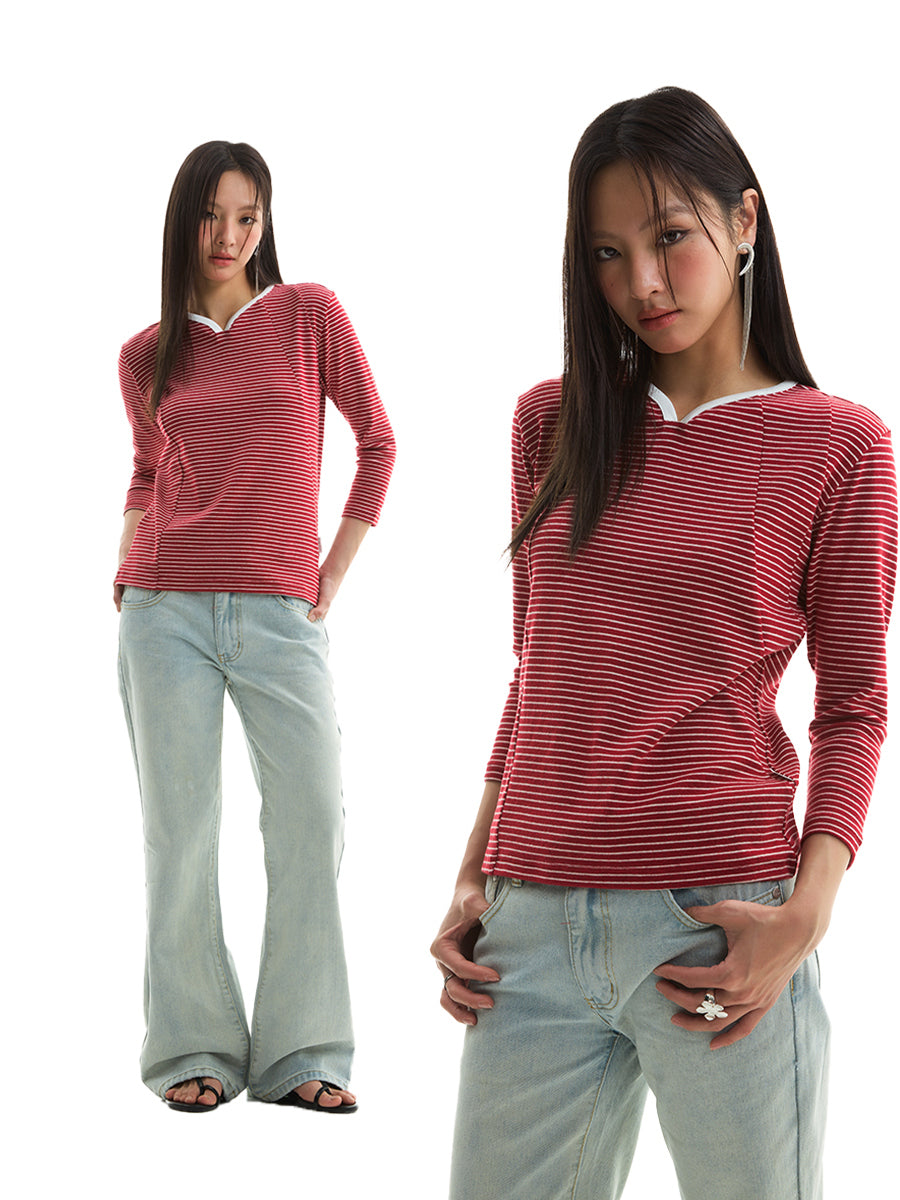 FUNKYFUN Pinstripe Hemming Curved Neckline T-shirt
