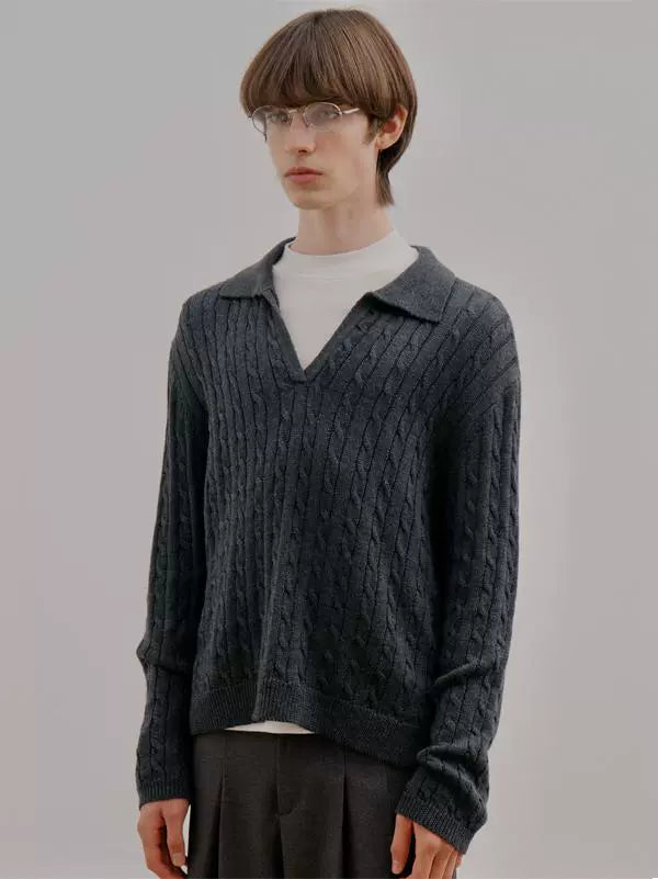 COLN Deep V Lapel Twist Knitted Sweater