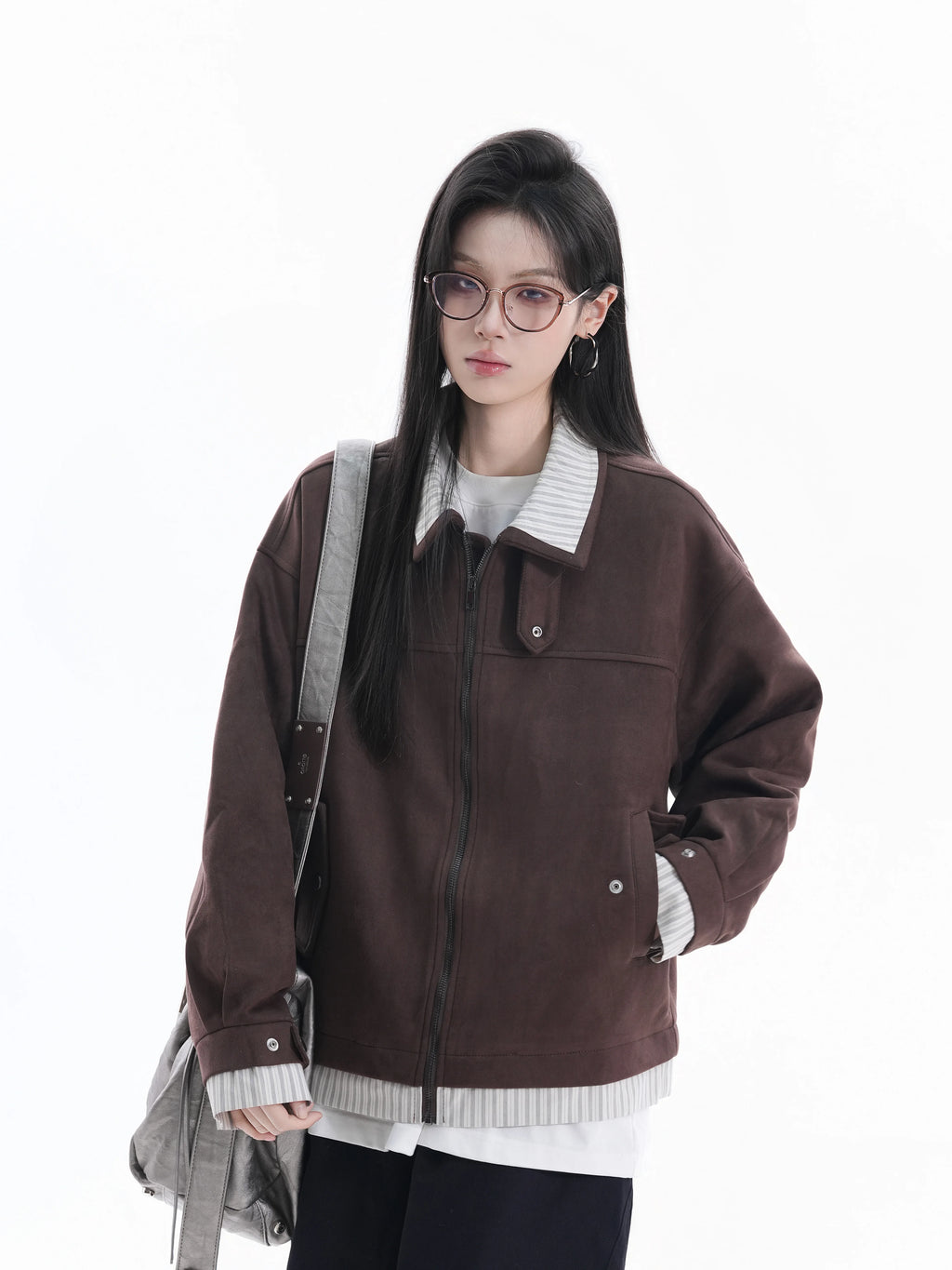 Zuocisankon Vintage Suede Face Splicing Fake Two-piece Jacket