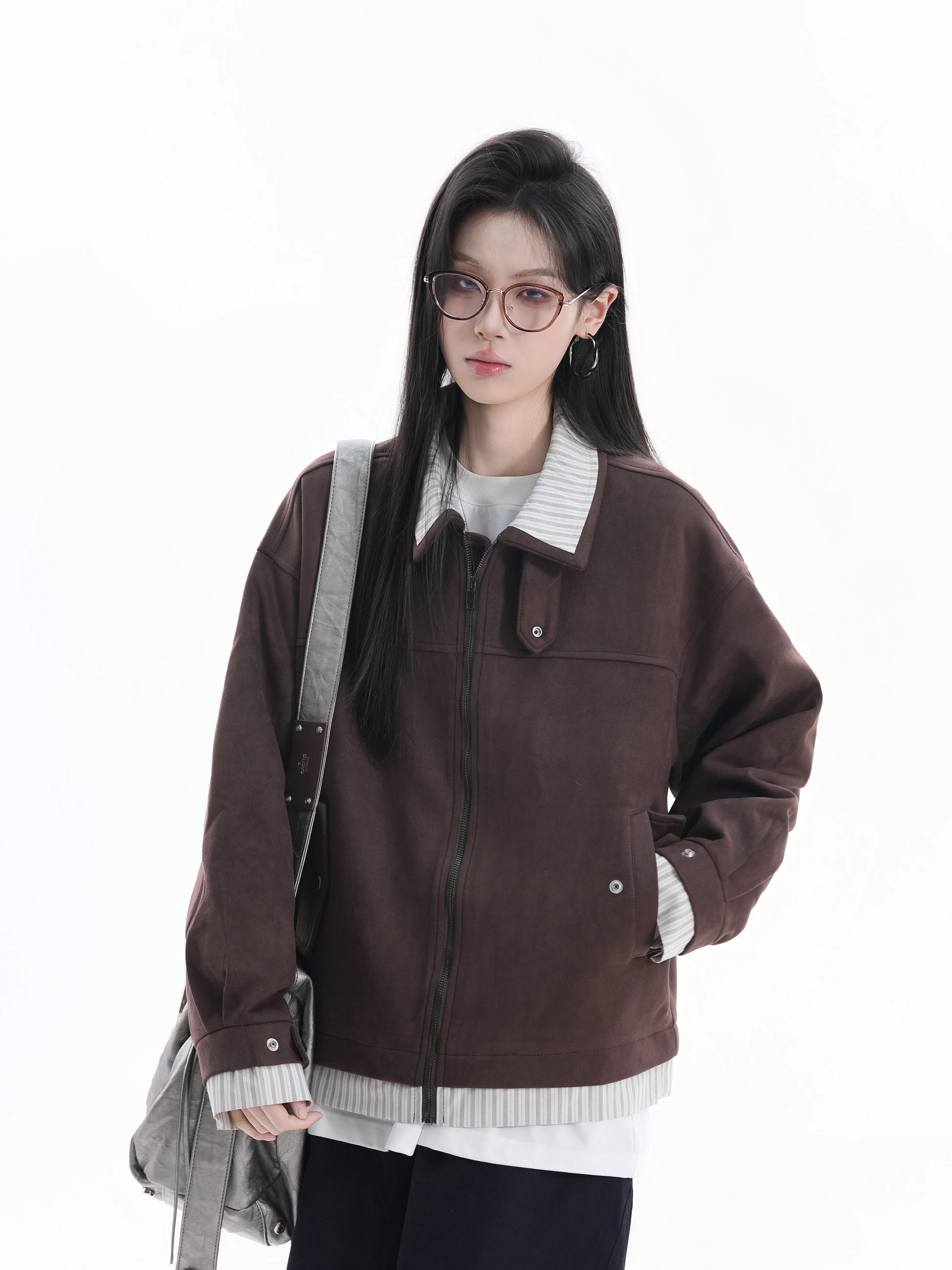 Zuocisankon Vintage Suede Face Splicing Fake Two-piece Jacket
