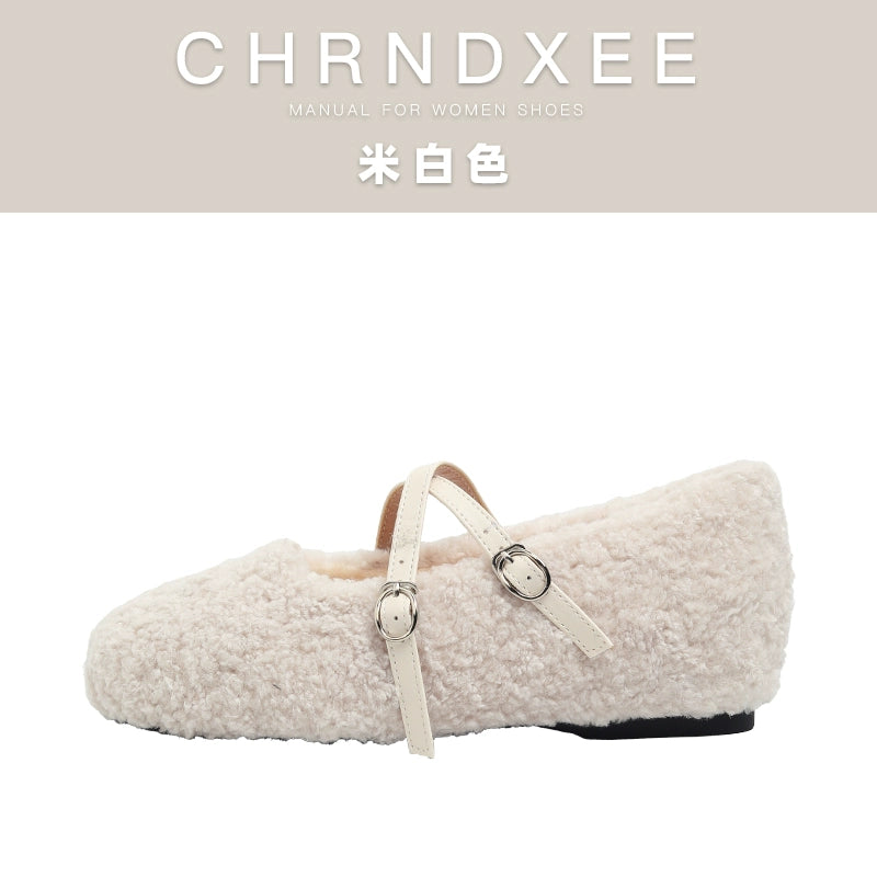 CHRNDXEE Cross-buckle Flat-soled Lamb Wool Shoes