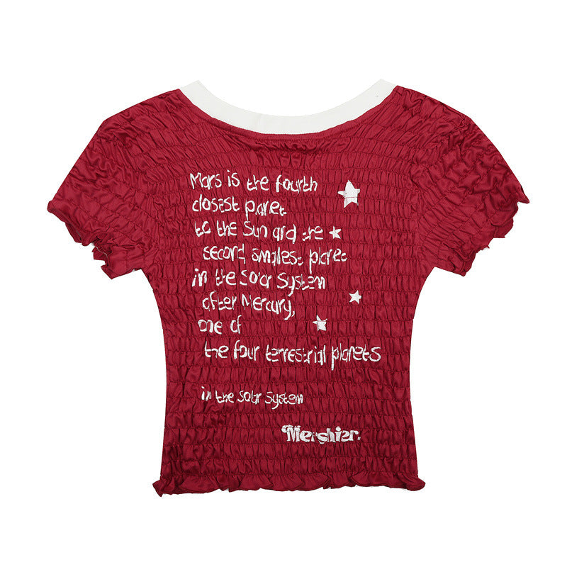 Nariele Pleated Contrasting V-neck Letter Print Tee