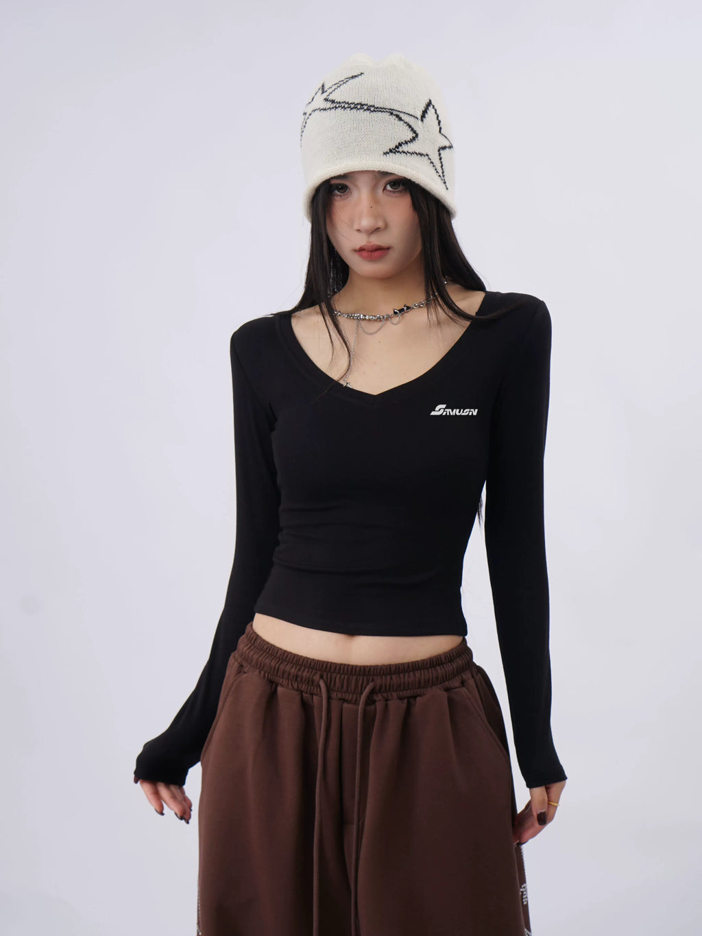 SAMUSAN Hot Diamond Letter V-Neck Slim Short Long Sleeve