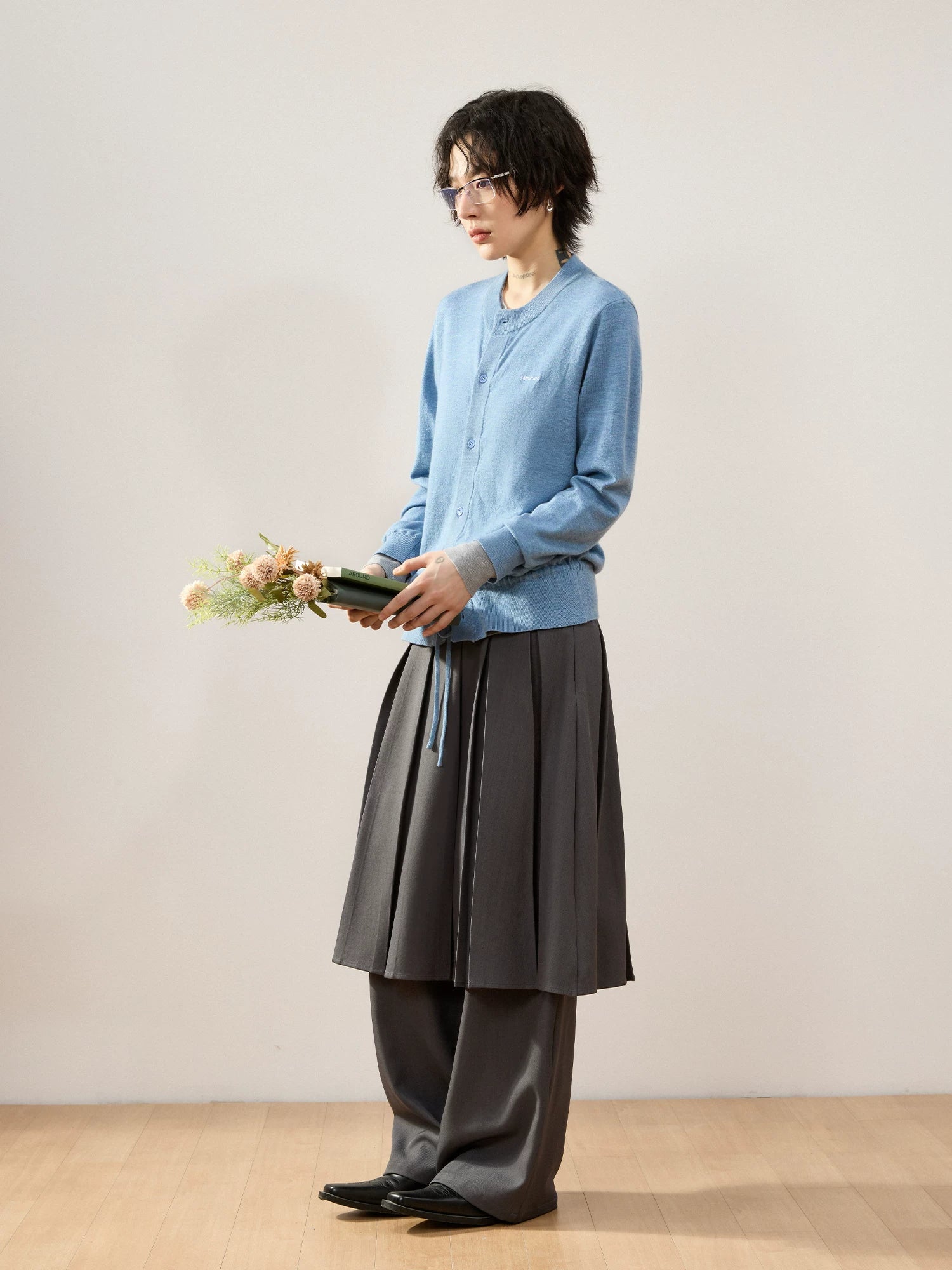 Sameuoo Pleated Culottes Fake Two-piece Casual Suit Pants