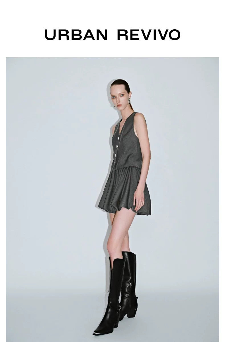 URBAN REVIVO Gray Metal Buckle V-neck Sleeveless Dress