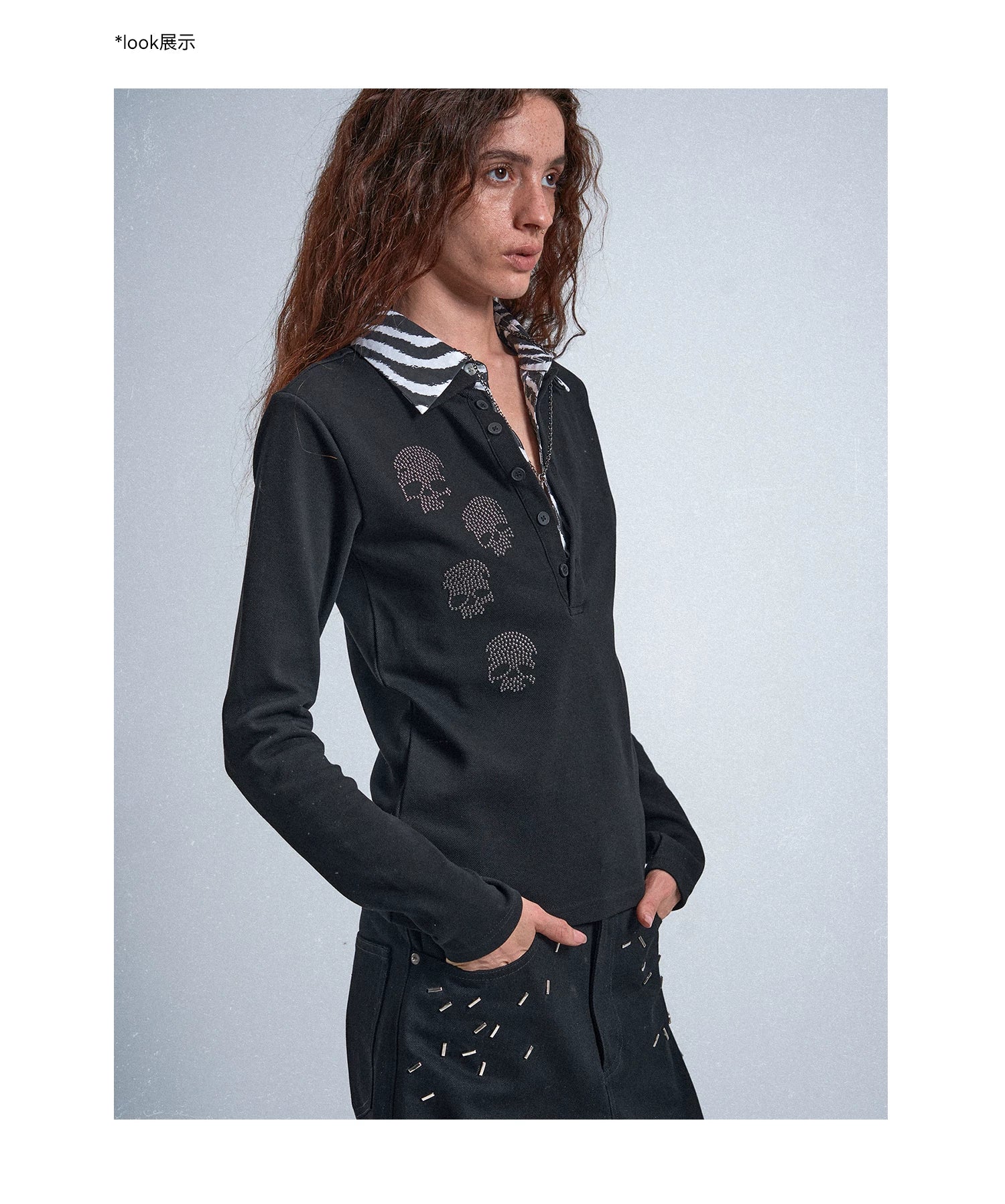 No E Mosen Double Collar Striped Skull Hot Beads Slim Fit Thin Long Sleeves