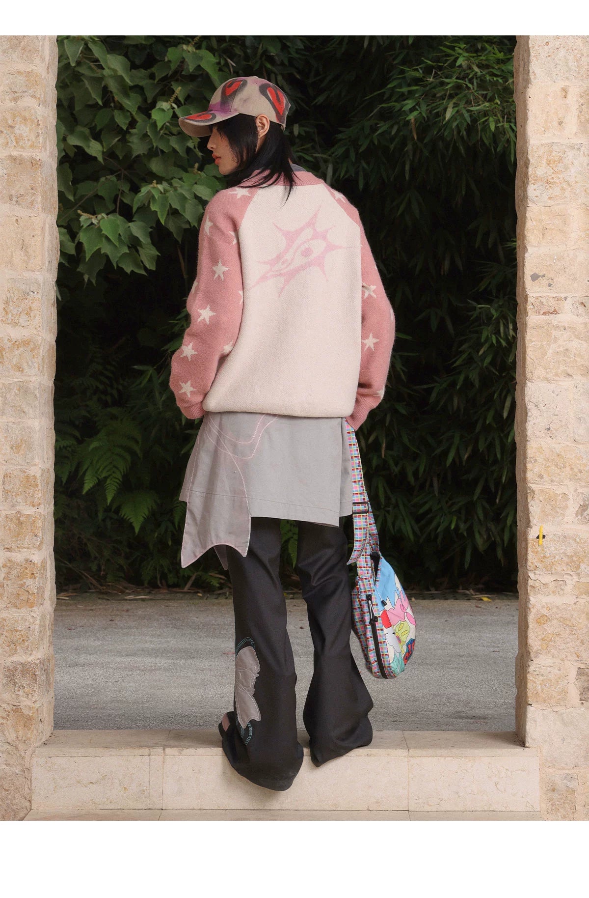 EeeeArtmonster Cherry Print Color Matching Heavy Crew Neck Sweater