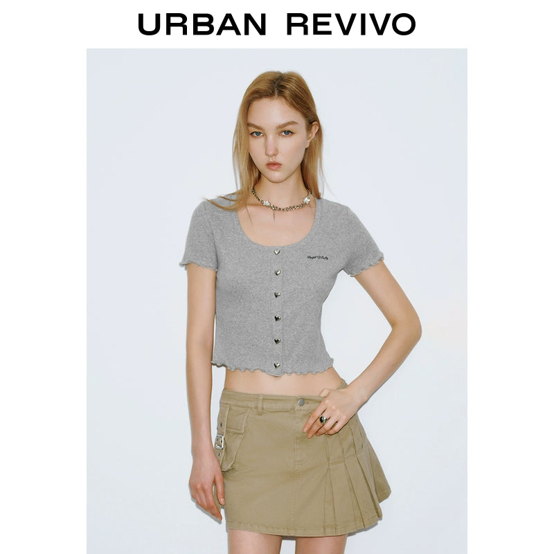 URBAN REVIVO Casual Embroidery Love Button Short Sleeve Cardigan Shirt