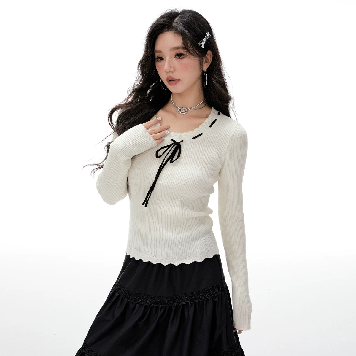 Imone Contrasting Straps Slim Stitching Sweater