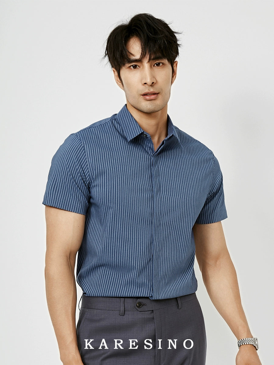 KARESINO Slim Fit Ice Silk Casual Striped Short Sleeve Shirt