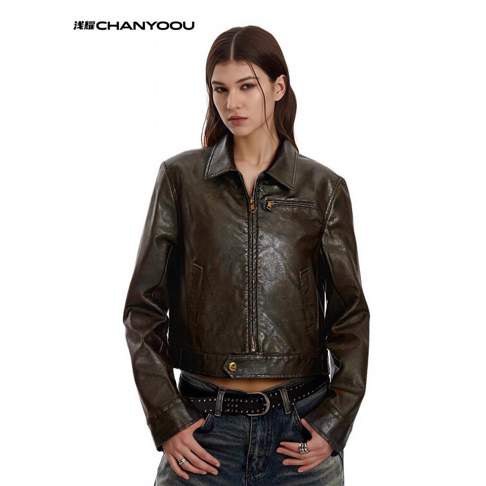 CHANYOOU Retro Lapel Short Leather Jacket