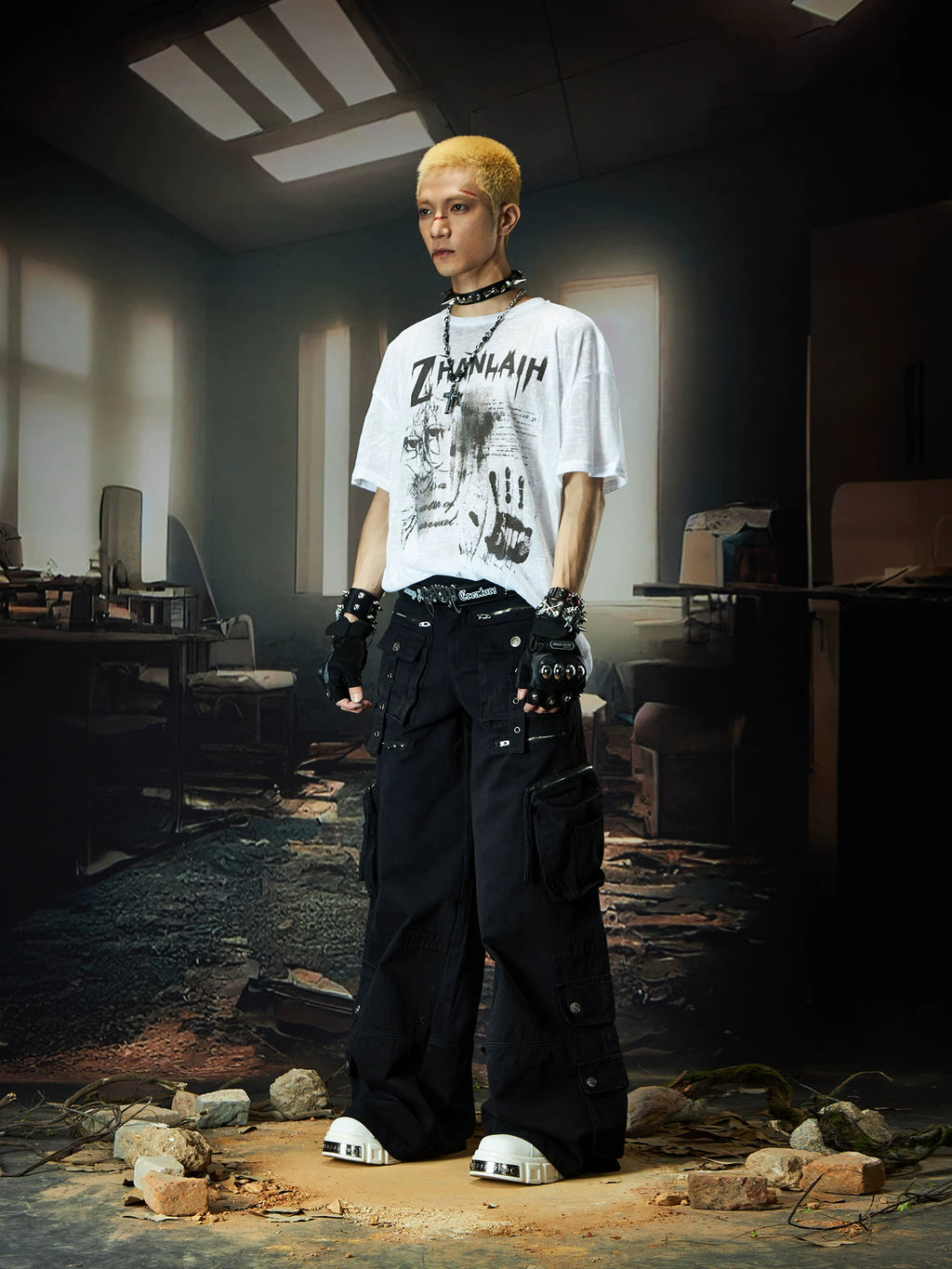 NOMANIAI Multi-pocket Streamer Zipper Splicing Layered Casual Pants
