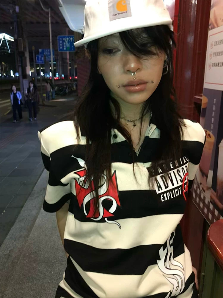 4AM Spoof Niche Print Striped Polo Shirt