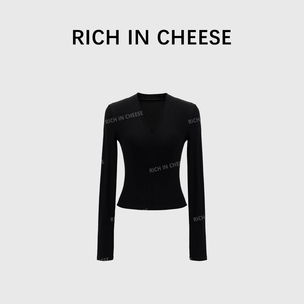 RICH IN CHEESE V-neck Stretch-knit Long-sleeved Skirt Set