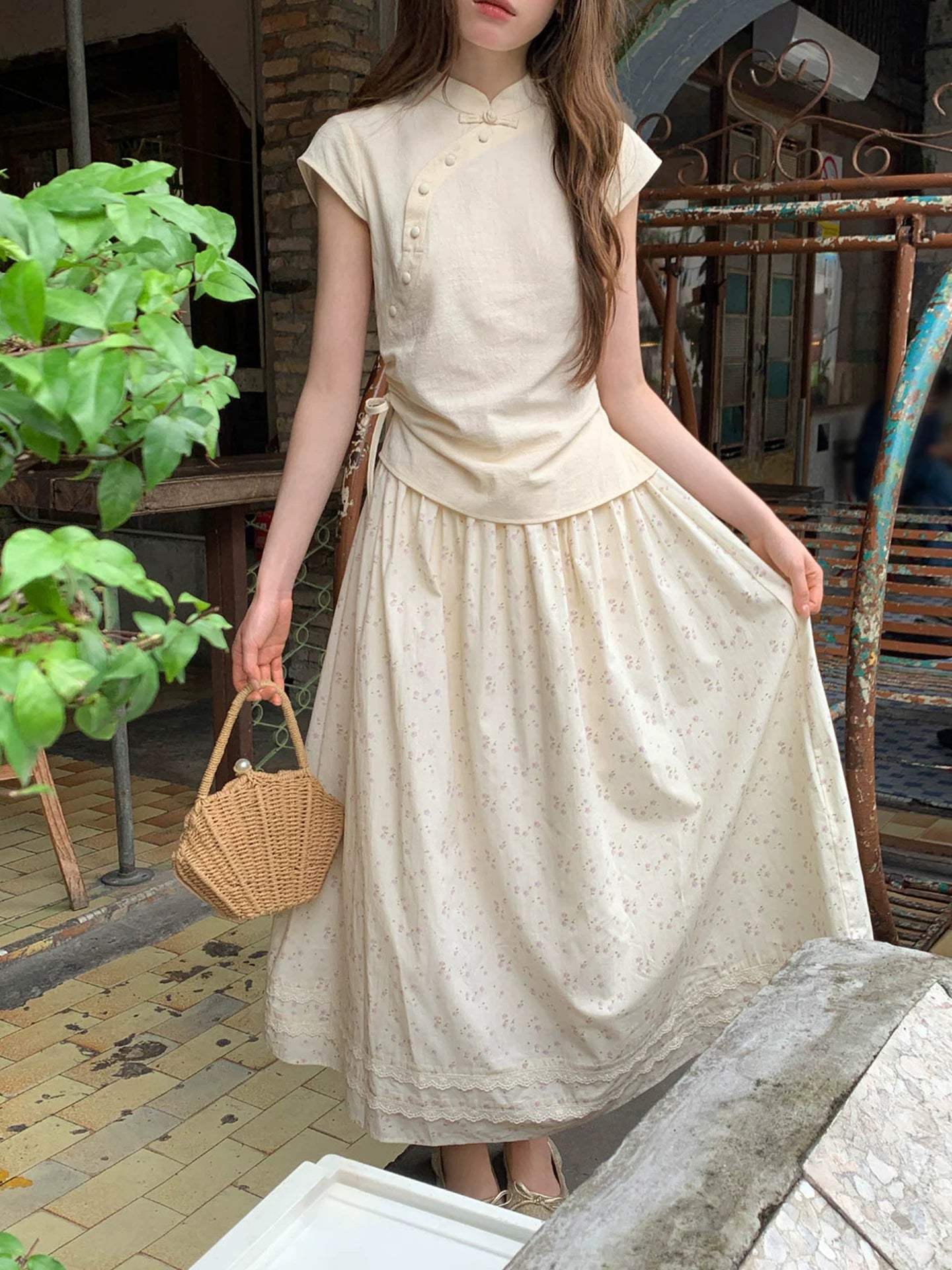 KANO Stand-up Collar Top Skirt Set
