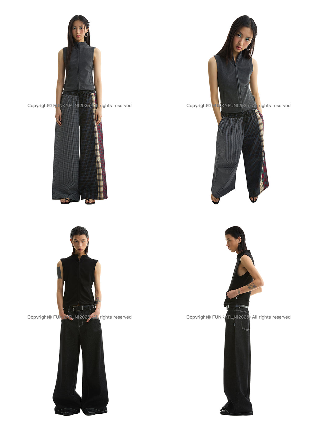 FUNKYFUN Waist Stand-up Collar Double Zipper Cardigan Vest