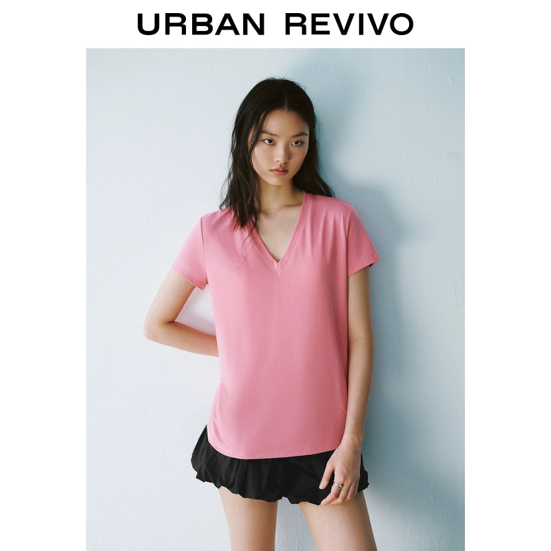 URBAN REVIVO Sports Versatile V-Neck Short Sleeve Tee