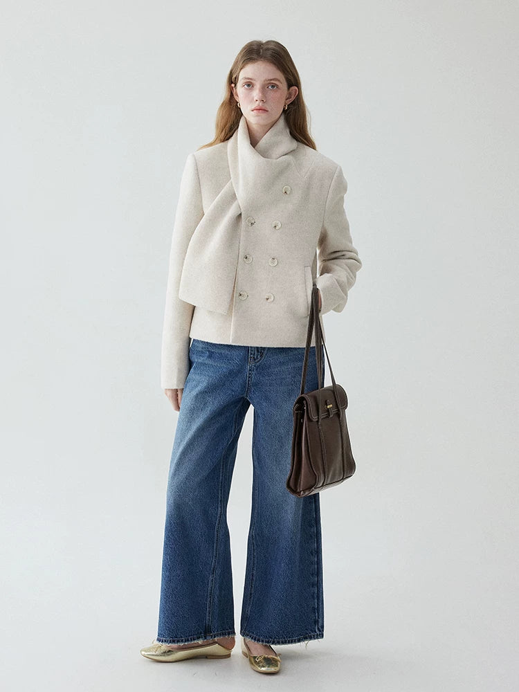 VOOE Scarf Collar Double-breasted Front-shoulder Woolen Jacket