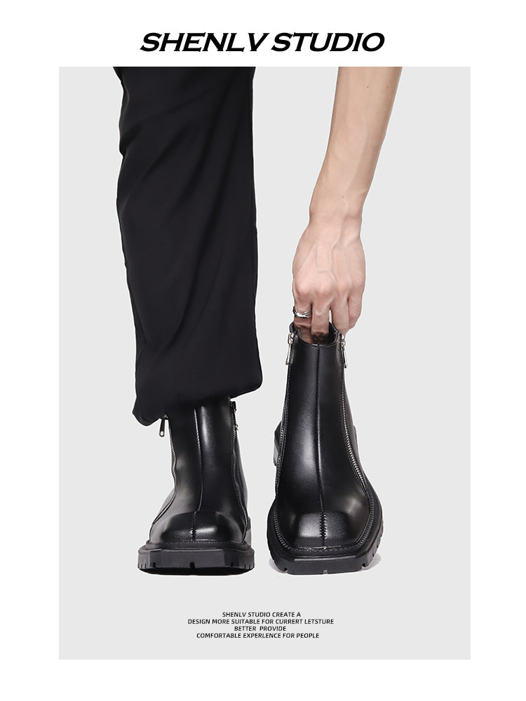 SHENLV StuIO Double Zipper Short Boots Yuppie High-top Leather Shoes