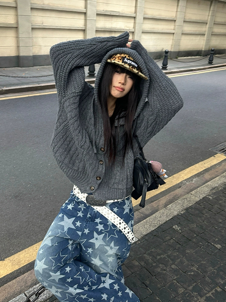 EAHO Vintage Twist Hooded Knitted Cardigan Sweater