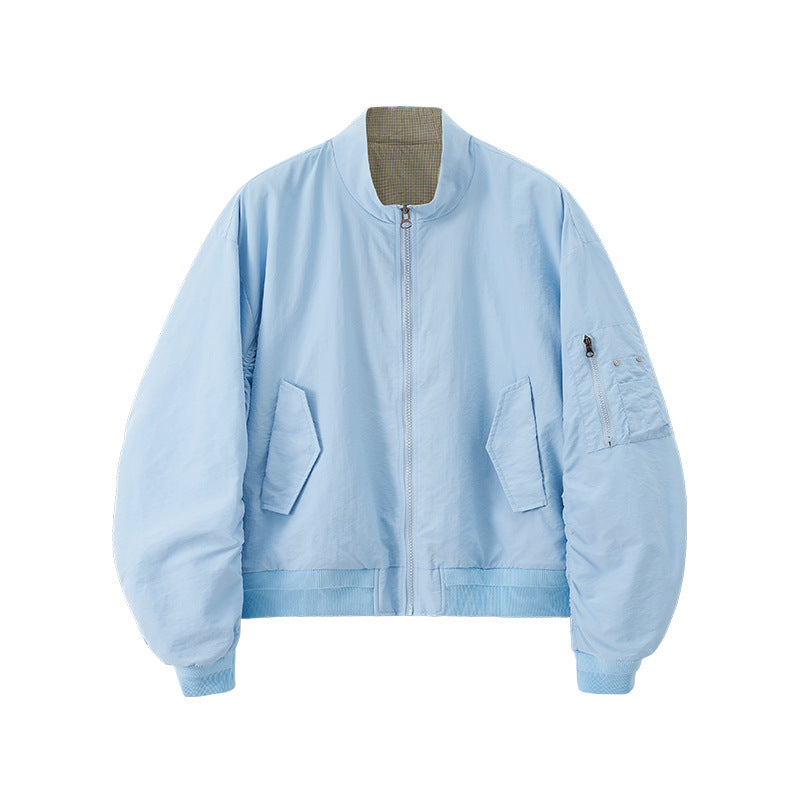 Inflation Short Stand-Up Collar Checked Contrast Baseball Jacket