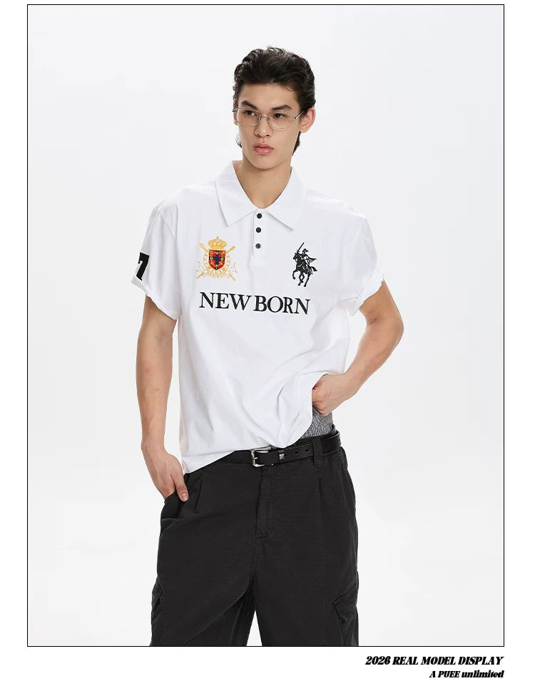 A PUEE Retro Alphabet Front Shoulder Embroidered Polo Shirt