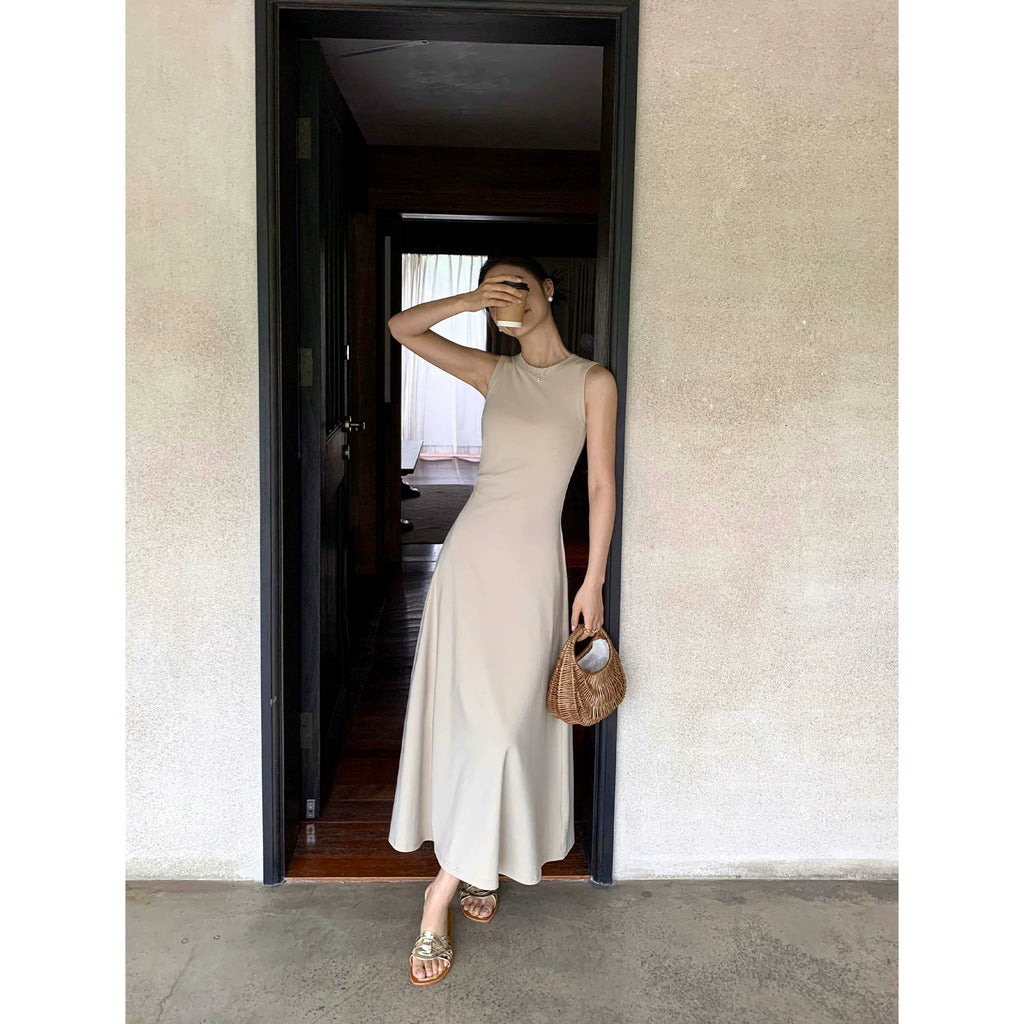 Pusumede Waist Crew Neck Knitted Vest Dress