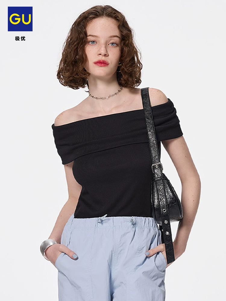 GU Off-the-shoulder One-word Collar Fashionable Slim and Thin Versatile Tee