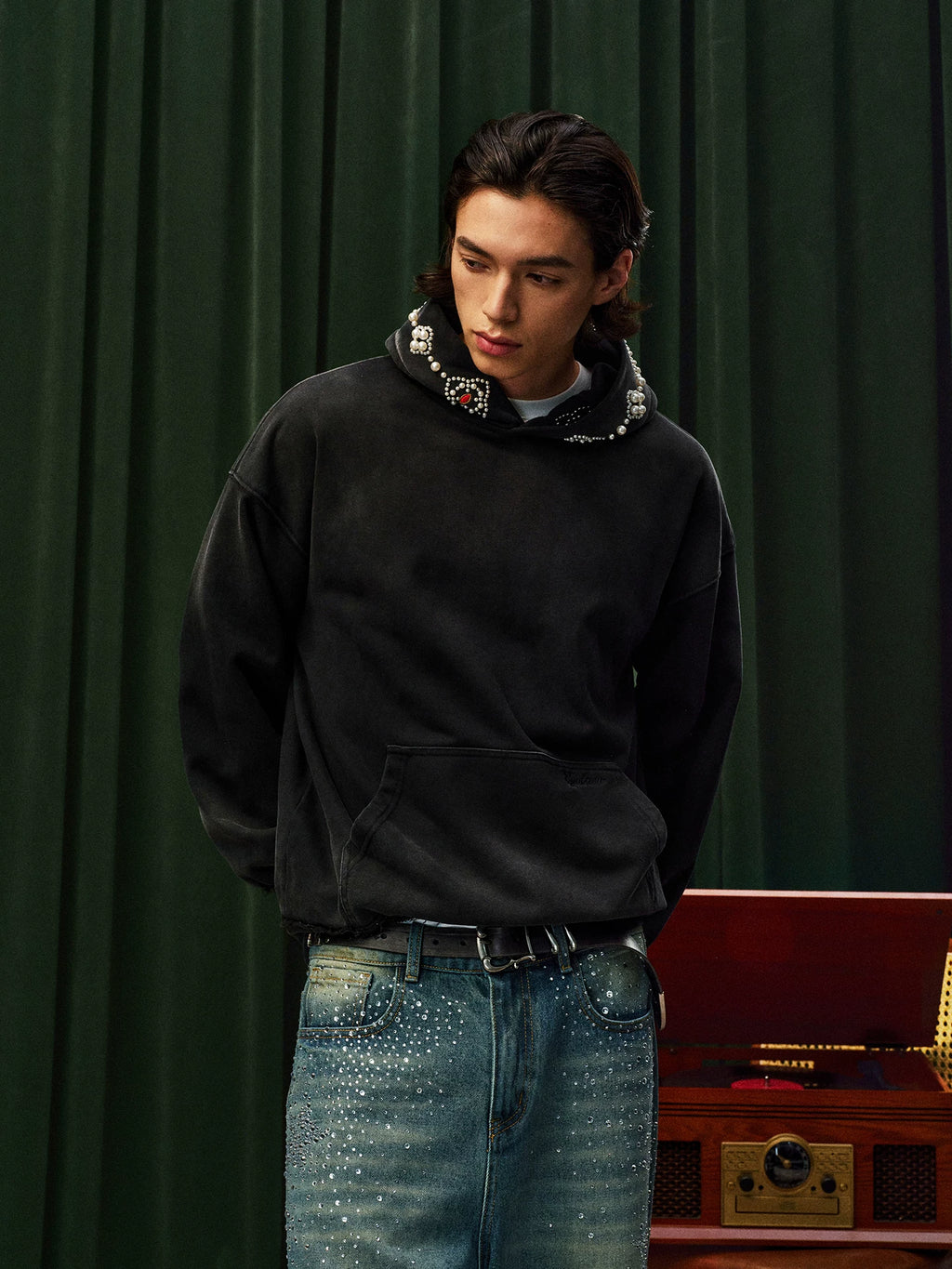 YADcrew Beaded Embroidered Loose Casual Hooded Sweater