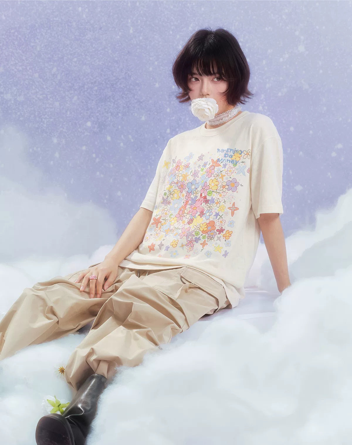 MEDM Flower Print Color Yarn Casual Loose Tee