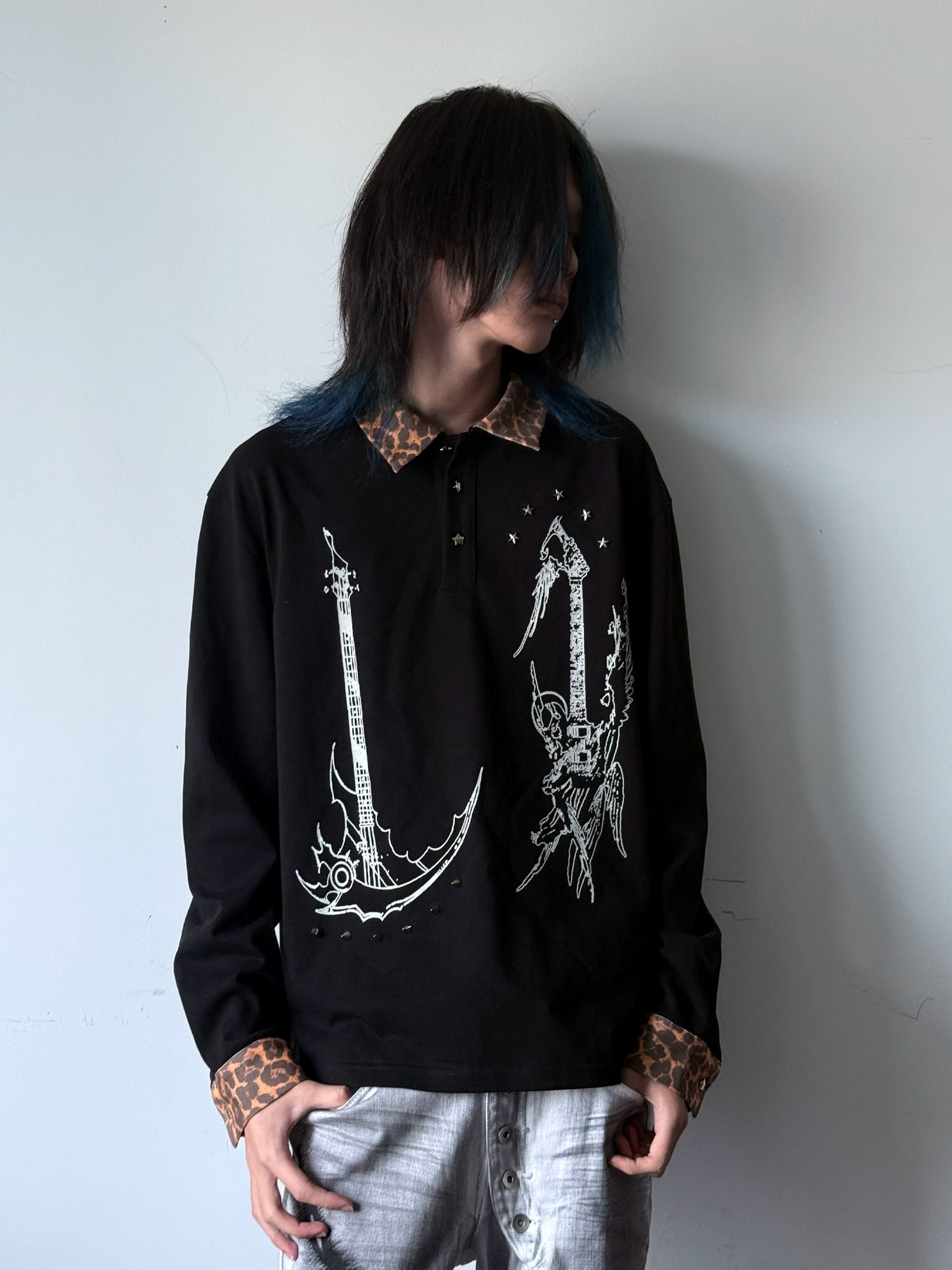 PAIKI Leopard Print Spliced Lapel Polo Shirt