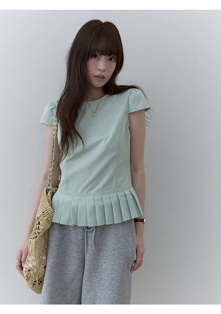 VOOE Contrast Checked Pleated Crew Neck Shirt