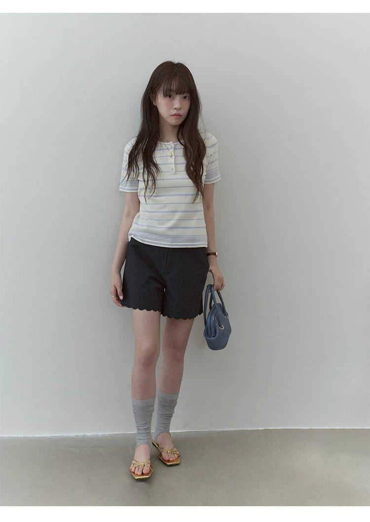 VOOE Contrasting Color Crew Neck Striped Knitted Tee