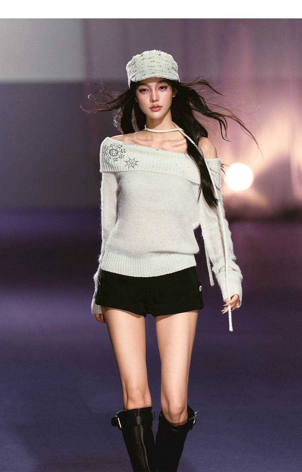 AGAM Hot Diamond Lazy Shoulder Knitted Sweater