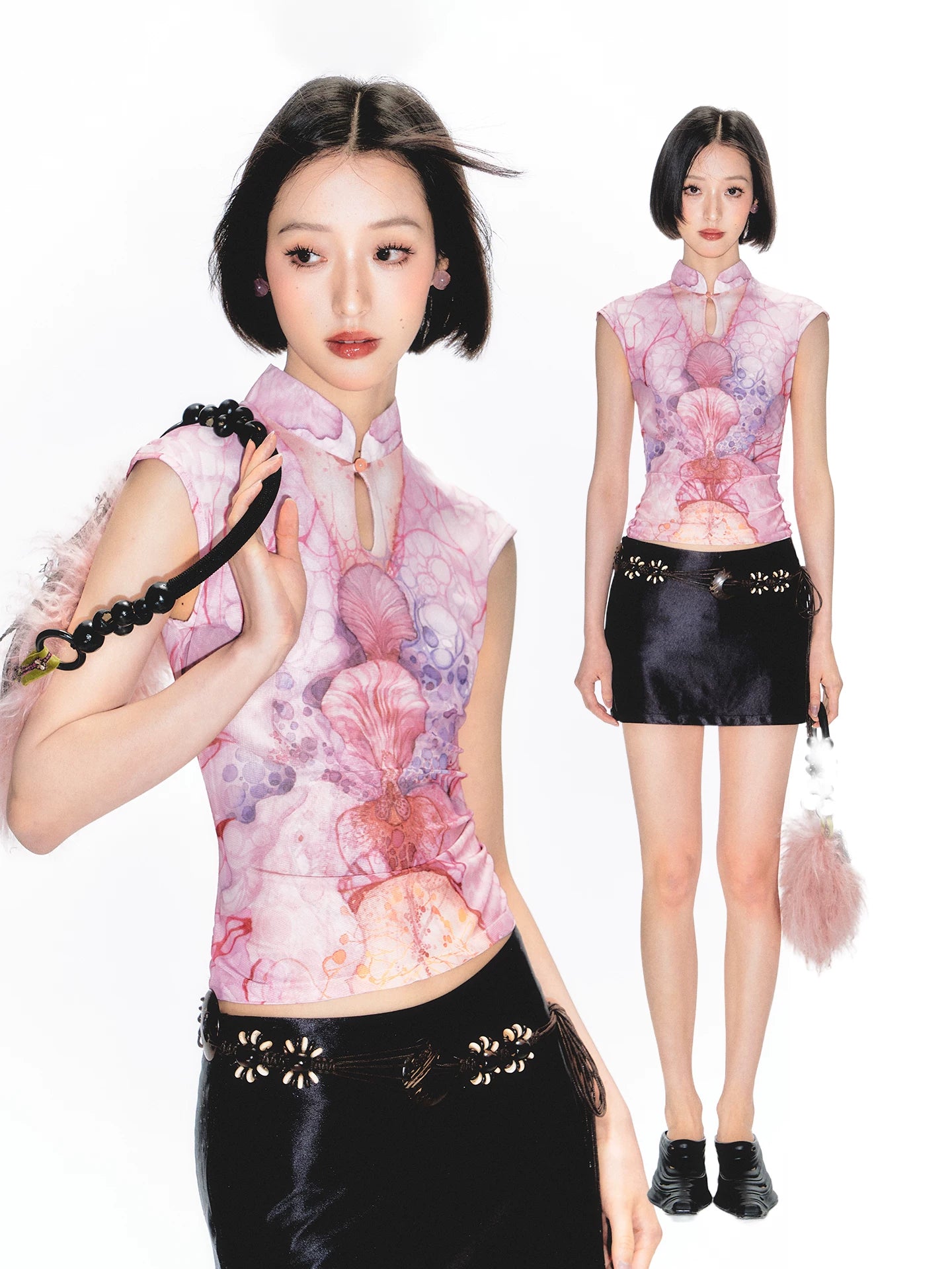 YEDM Printed Sleeveless Stand-up Collar Short Vest
