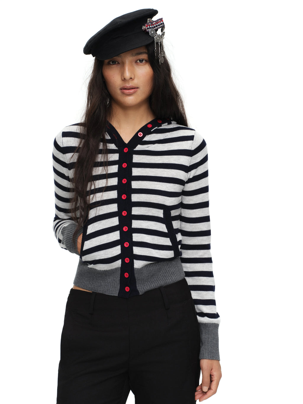 Oinimi Striped Color-blocked Hooded Knit Cardigan