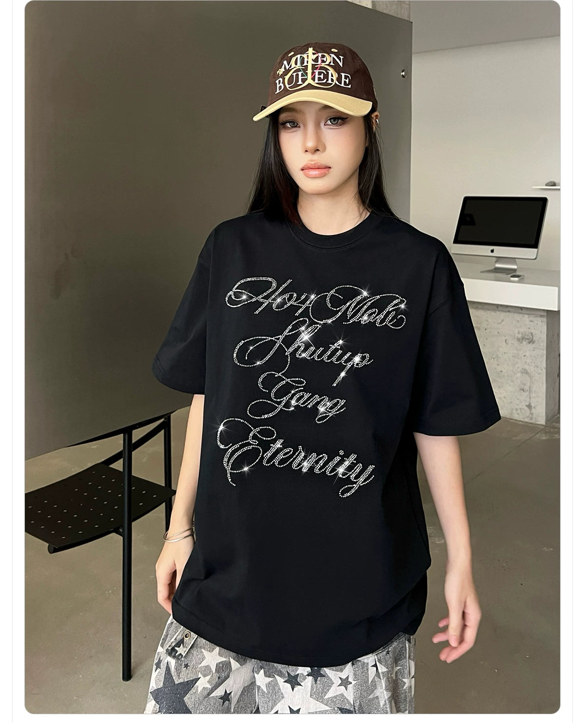 404MOB Alphabet Hot Diamond Loose Casual Tee