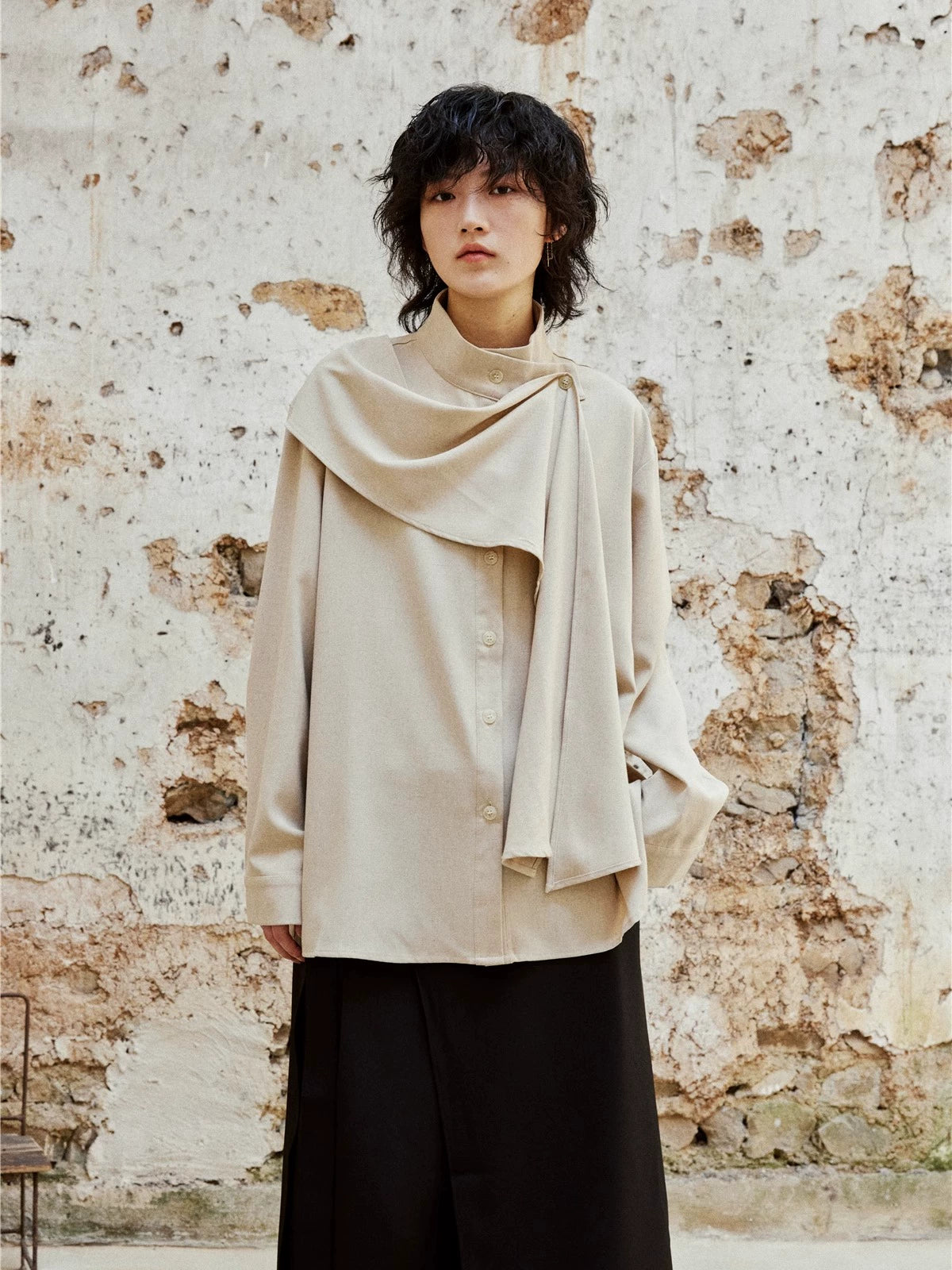 SUNYVONNE Cross-neck Scarf Long-sleeved Shirt