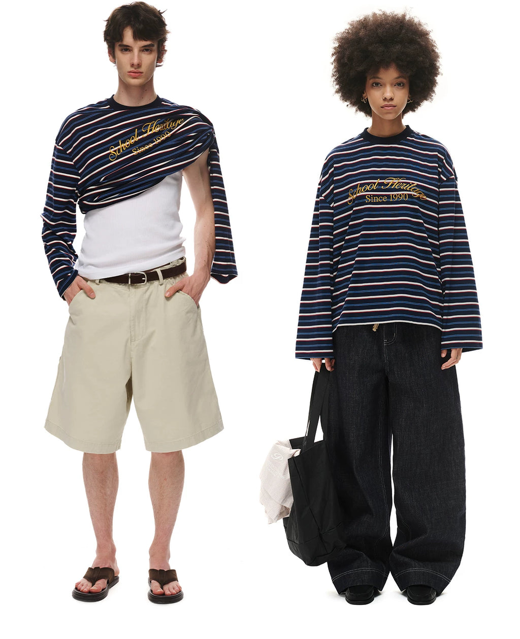 Loopsoon Striped Chest Contrast Print Crew Neck Long Sleeve