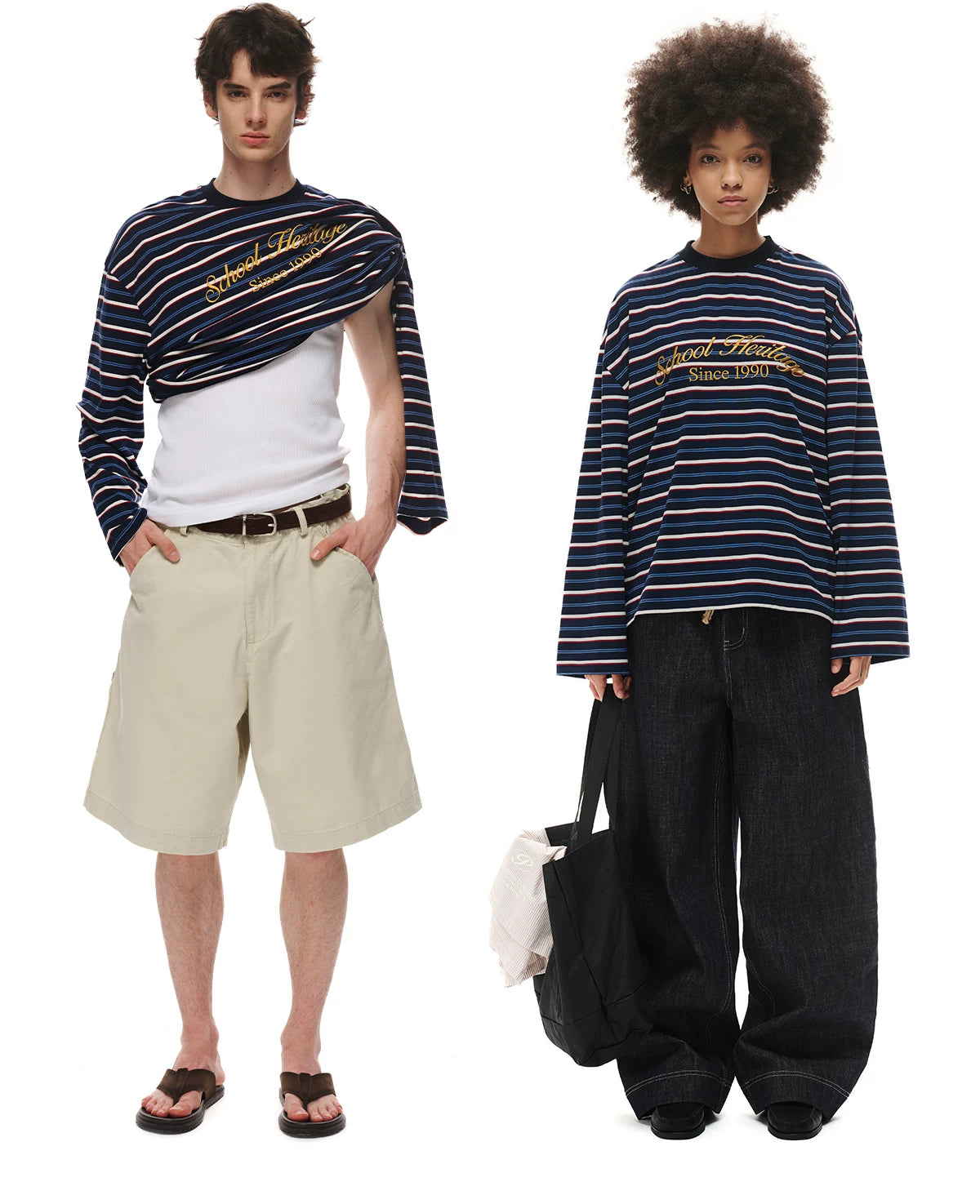 Loopsoon Striped Chest Contrast Print Crew Neck Long Sleeve