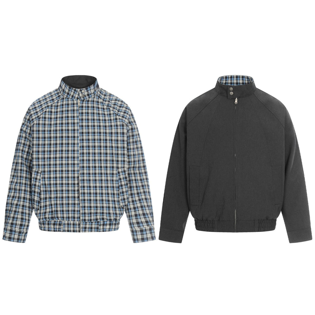 11KN Retro Plaid Double-sided Wear Contrasting Color Stand-up Collar Jacket
