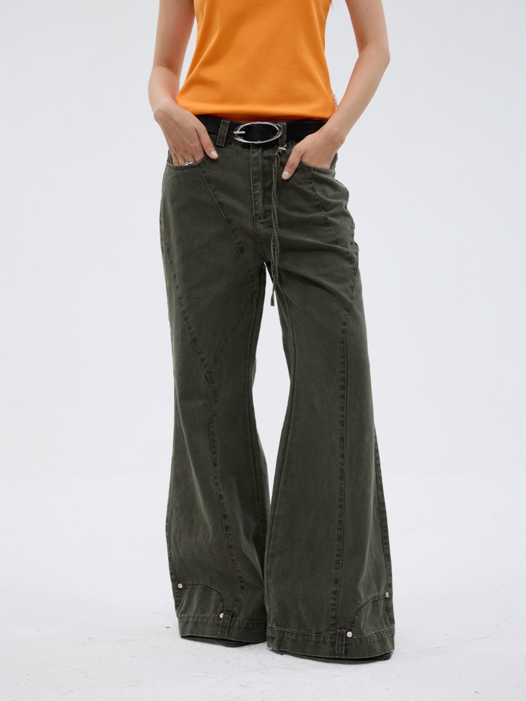 FUNKYFUN Washing Water To Make Old Bone Line Flared Pants