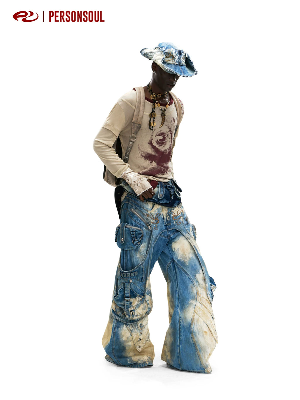 PERSONSOUL Phoenix Bird Pattern Tooling Jeans