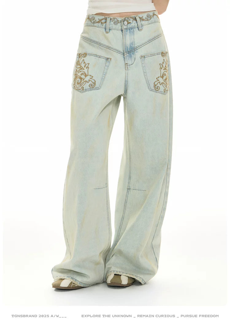 TGNS Vintage Loose Embroidered Low Waist Jeans