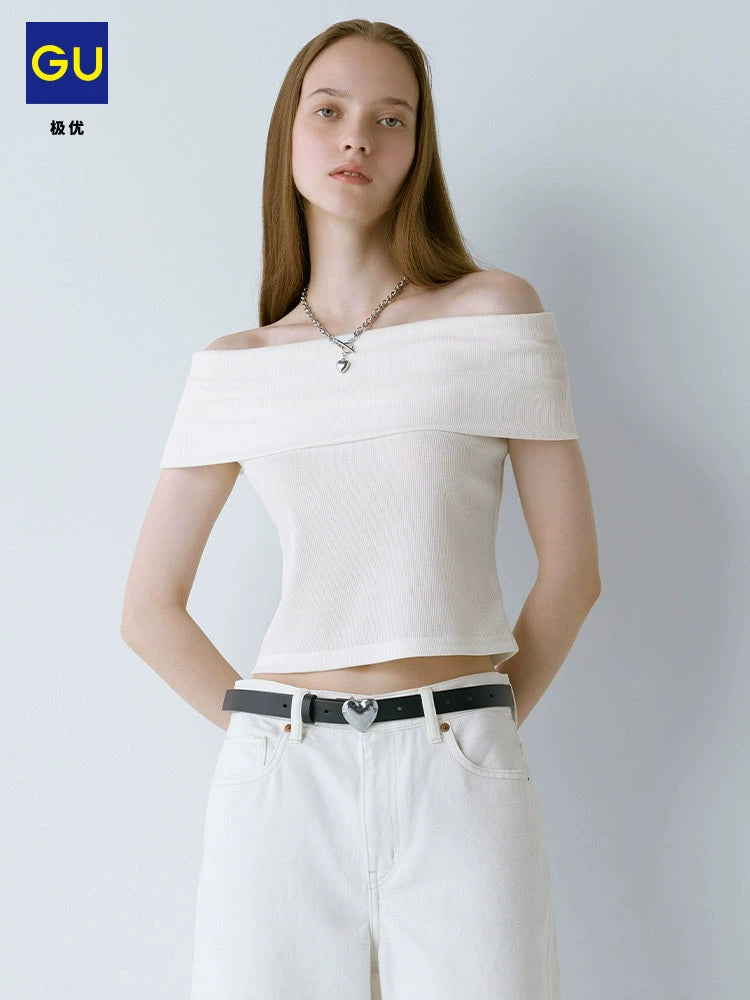 GU Off-the-shoulder One-word Collar Fashionable Slim and Thin Versatile Tee