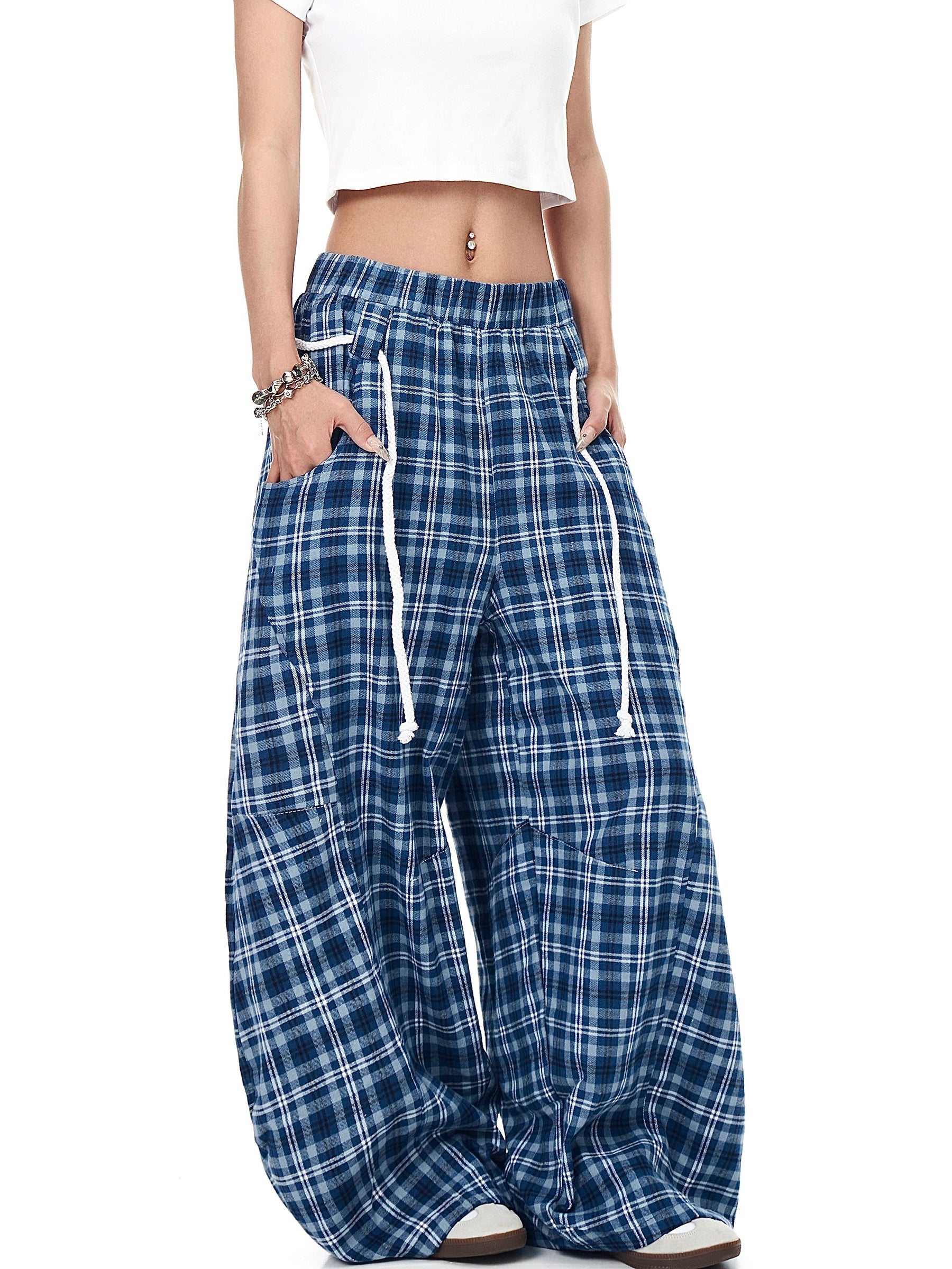 BLACKLISTS Casual Lazy Blue Checked Scimitar Pants
