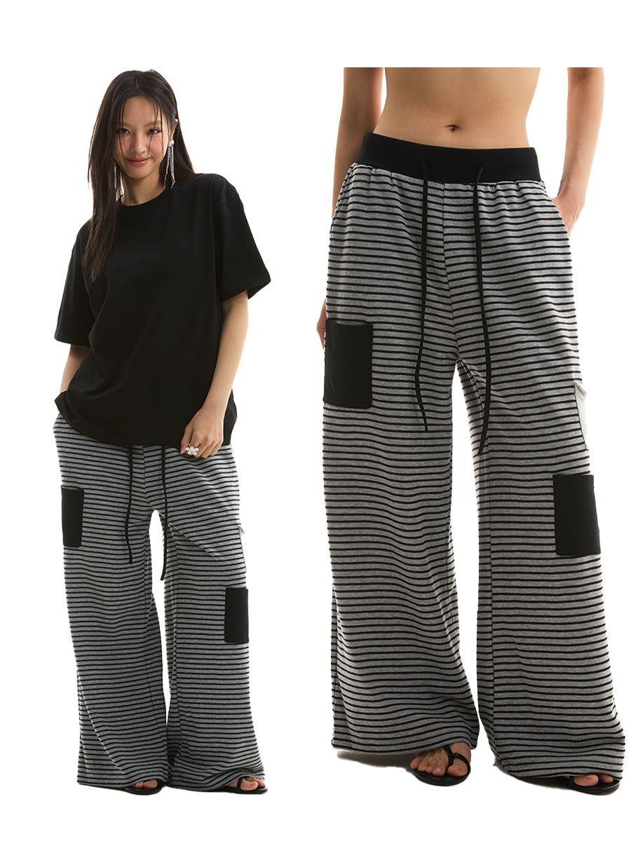 FUNKYFUN Striped Contrasting Color Loose Straight Sweatpants