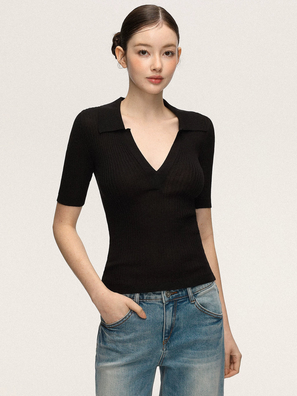 Anna Aneae Lapel Knit Slim Slim Tee