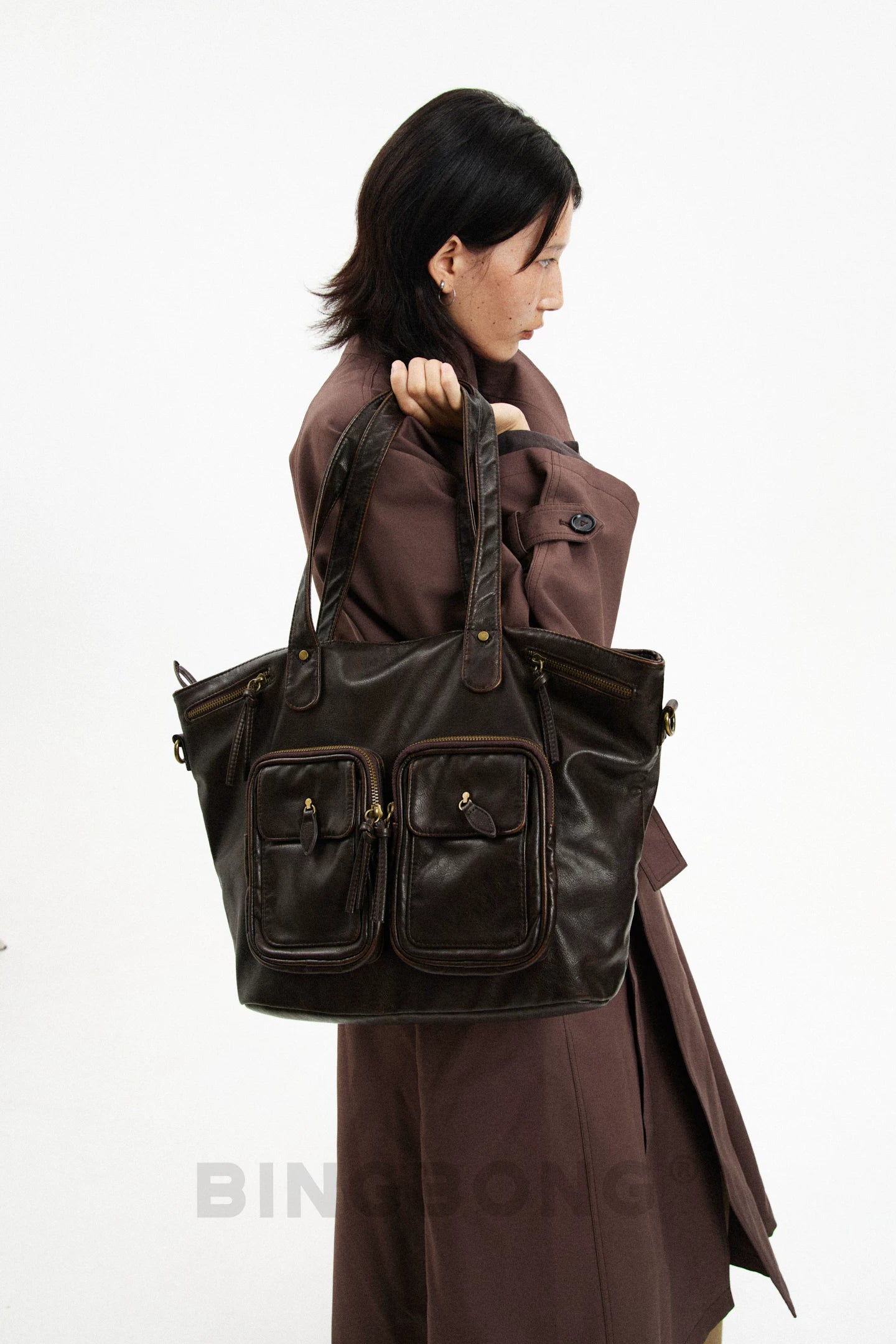 BINGBONG Multi-pocket Retro Large-capacity Tote Bag