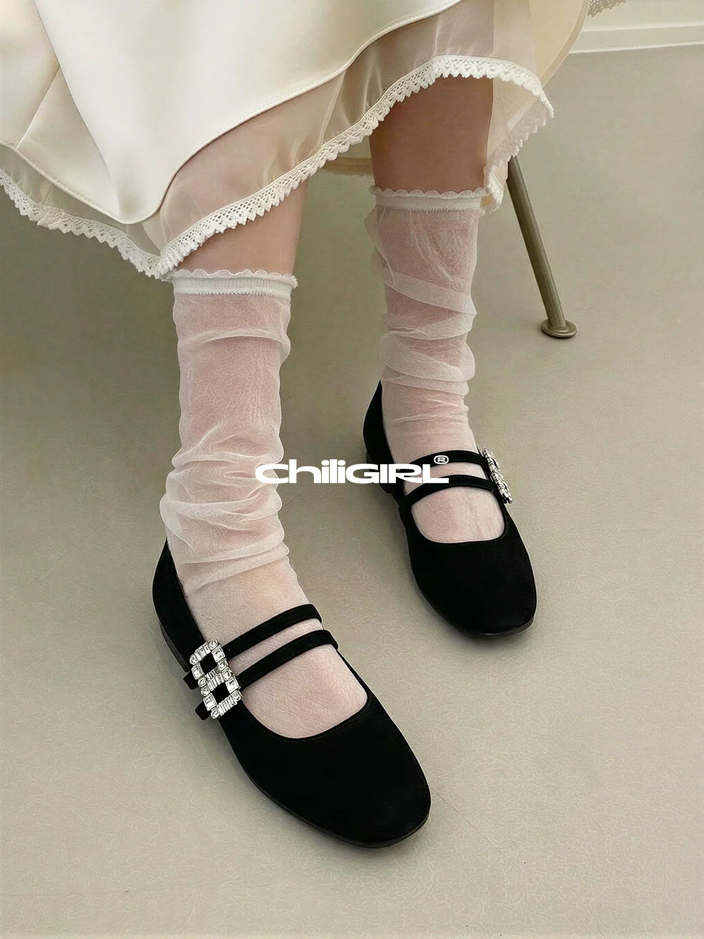 CHILIGIRL Suede Temperament Rhinestone Square Buckle Double Belt Versatile Single Shoes